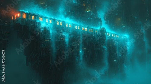  Train on foggy city track amidst tall building backdrop ..Or, for a slightly more detailed version:..A digital artwork depicts