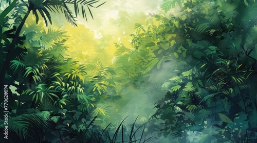 Watercolor pattern wallpaper. Painting of a jungle landscape.