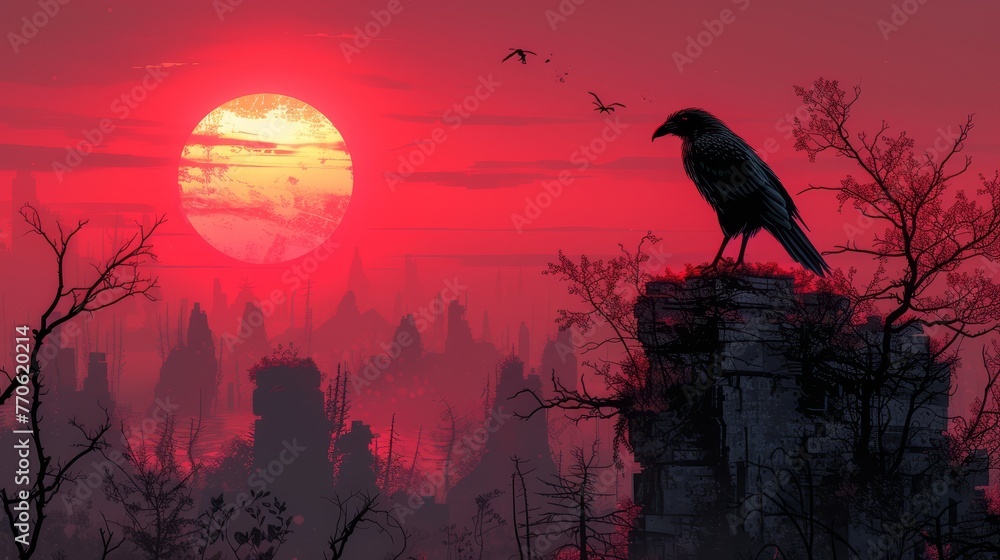 Naklejka premium A black bird atop a tall building against a red backdrop with setting sun