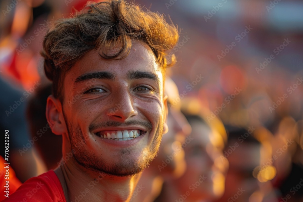 handsome smiling man with perfect teeth looking at camera, football fan wearing t-shirt during football match. Blurred crowd in the background. Concept of healthy skin care, aesthetics