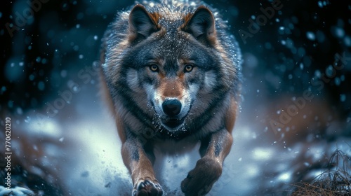  A wolf runs through the winter scene, snowfall blanketing the ground beneath its paws, each step disturbing flurries of flakes