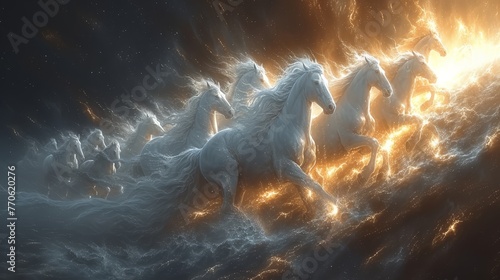   A collection of white horses in a water body, sun illuminating clouds behind © Wall