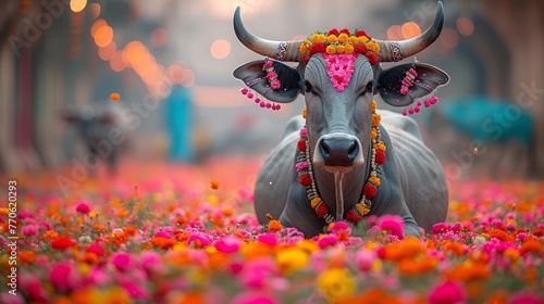  A cow adorned with a floral headdress sits in a field, surrounded by two more cows in the backdrop