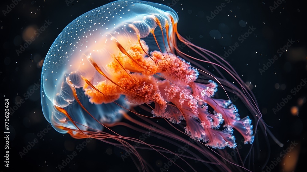 A tight shot of a jellyfish against a black backdrop, its head subtly blurred A tight shot of a jellyfish against a black backdrop, its head subtly blurred