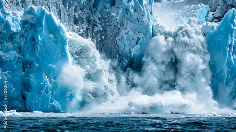 A massive glacier calving into the ocean symbolizing the rapid melting of polar ice caps. - obrazy, fototapety, plakaty 