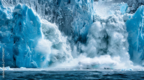 A massive glacier calving into the ocean symbolizing the rapid melting of polar ice caps. photo