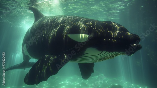  A large black-and-white whale swims in a body of water Sunlight streams through the surface, illuminating its massive form