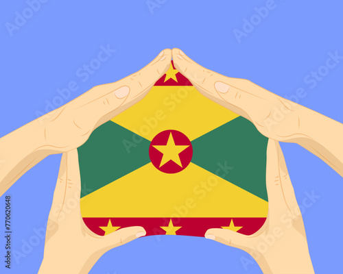 Hand home with Grenada flag, residential or investment idea, housing and home concept