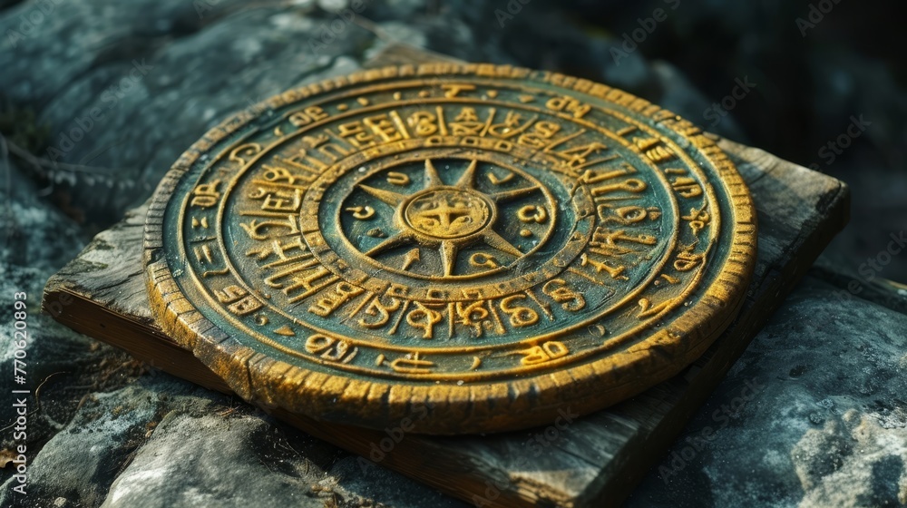   A wooden plaque atop a rock-bound base, inscribed with writing, and crowned by a circumference of figures