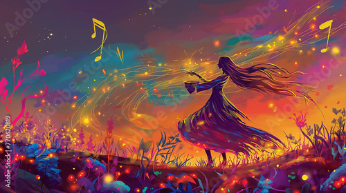 Enchanted Melody: A Woman Dancing with Magic in a Mystical Landscape