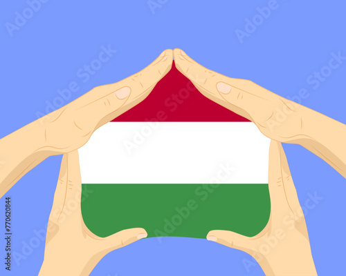 Hand home with Hungary flag, residential or investment idea, housing and home concept