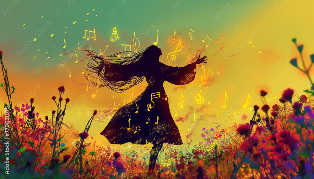 Fototapeta premium Joyful Silhouette Dancing in Vibrant Sunset Meadow
