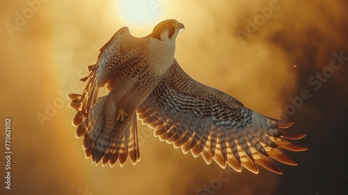  A tight shot of a raptor soaring in the sky, sunbeams penetrating cloud cover behind