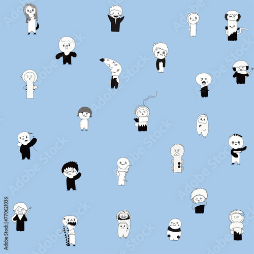 "Doodle characters with varied expressions and poses on a pale blue background, conveying different emotions."
