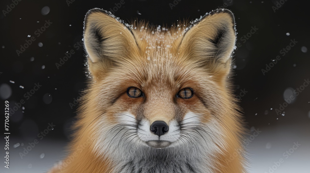   A fox's face in close-up, its fur adorned with snowflakes against a black backdrop