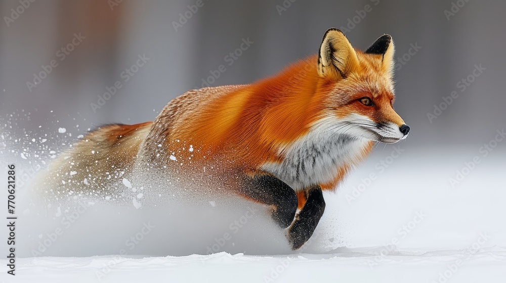 Fototapeta premium A red fox dashes through the winter landscape, surrounded by snow-covered ground and trees behind