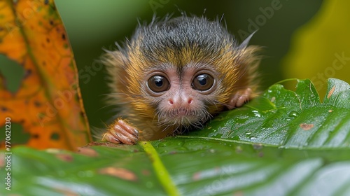   A monkey, closely seated on a tree branch, holds a green leaf in the foreground Behind it, a yellow leaf hangs on another branch © Wall
