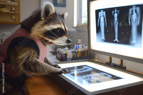 raccoon in radiologist vest examining an xray on lightbox