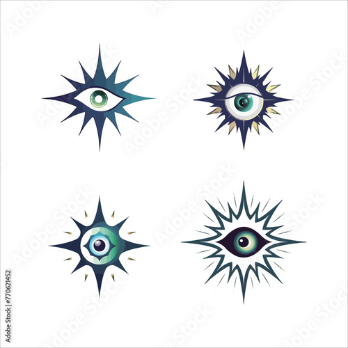"Four stylized illustrations of eyes with various abstract designs and dynamic shapes, in cool tones on a white background." 
