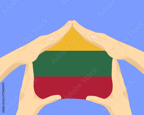 Hand home with Lithuania flag, residential or investment idea, housing and home concept