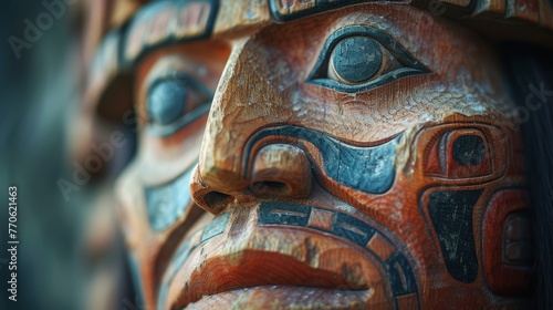   A tight shot of a statue's face, featuring various hues and intricate patterns © Wall