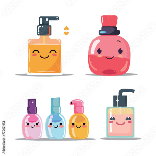 "A collection of adorable, cartoon-style cosmetic bottles with cheerful faces, in pastel colors against a light background."
