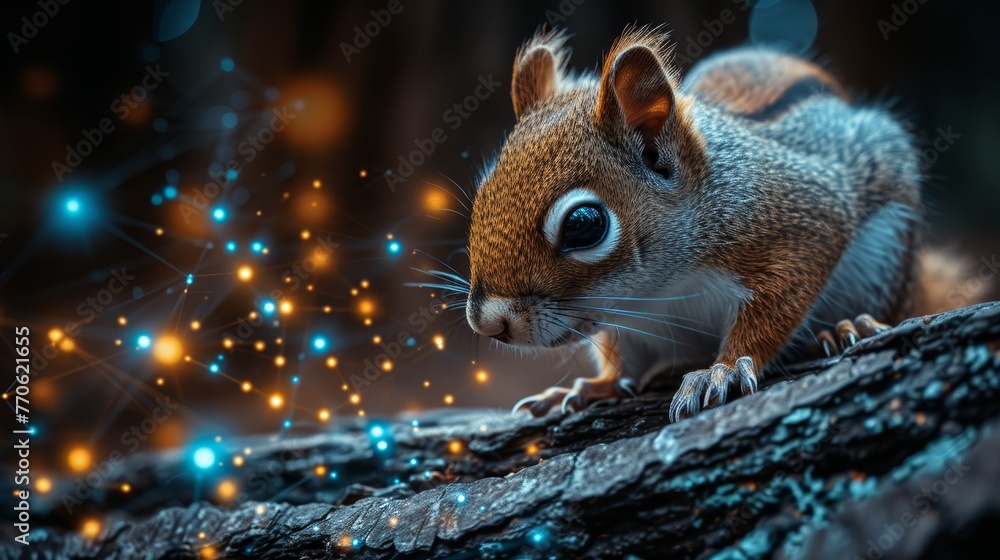   A tight shot of a squirrel perched on a tree branch against a softly blurred backdrop of fireflies