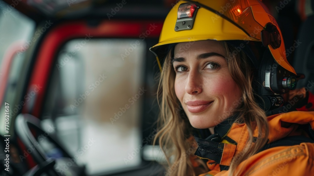 Confident female firefighter in protective gear with a heartfelt smile Confident female firefighter in protective gear with a heartfelt smile