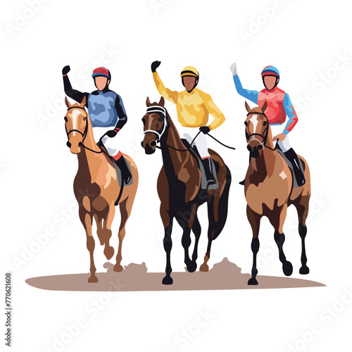 "A dynamic illustration of three jockeys on horseback, celebrating victory with raised fists, clad in colorful racing silks."
