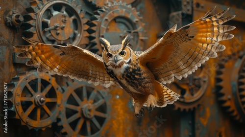  A tight shot of an owl in flight, its face gaze intently ahead, backdrop of a metallic structure with intricate gears on its back