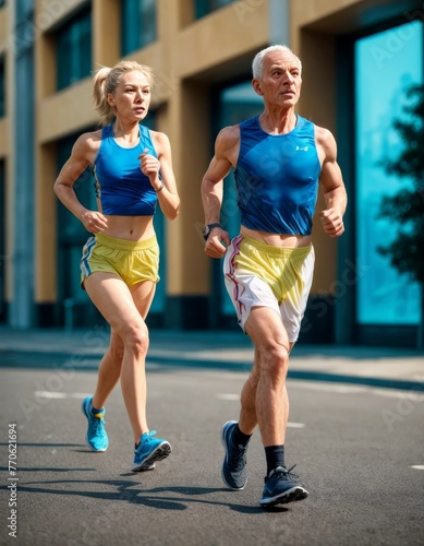 A mature man and a young woman jog side by side on a city street, showcasing active lifestyles across generations. Their coordinated athletic wear and focused expressions embody dedication and the joy
