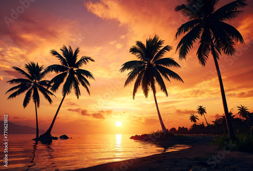 Background tropical natural landscape with coconut palm trees on fantastic sunset, amazing orange sky with clouds. Concept of summer vacation and business travel. Beauty in tropic climate. Copy space