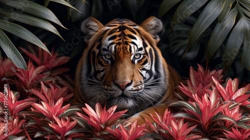   A tight shot of a tiger reclining among verdant plants and blossoms against a jet-black backdrop  with an orange and white striped feline centrally positioned