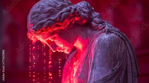   A tight shot of a statued woman with a red light casting on her face, her hands concealing it