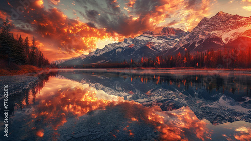 The Bow River transforms into a mirror-like surface, capturing the breathtaking reflection of the Rocky Mountains against a fiery sunset. 32K.