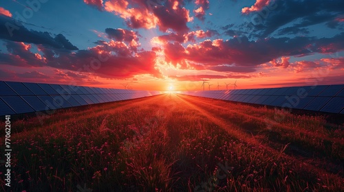 Renewable energy that comes from solar cells, wind turbines, and water power that help create renewable energy. photo
