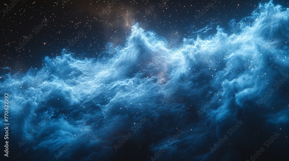 Fototapeta premium A massive blue cloud, positioned centrally in the velvety night sky, is adorned with twinkling stars and culminates in a radiant light at its terminus