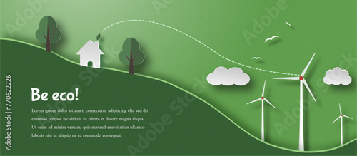 Obraz na płótnie Green energy, renewable energy sources. Energy for home from windmills. Vector web banner, advertising. Be eco, advertising slogan and space for text w salonie