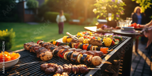 Meat and vegetables on wooden skewers lie on a barbecue grill. Backyard party or picnic.