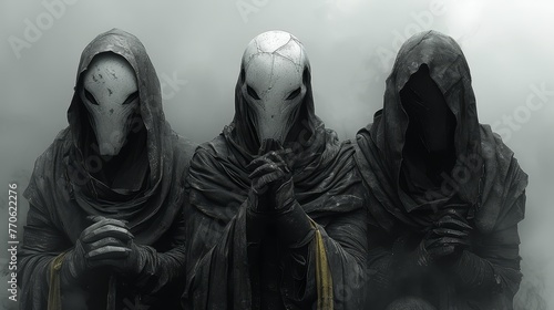   A few individuals stand near one another, facing a fog-shrouded sky Two figureheads with hoods precede them photo