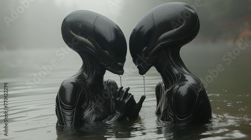   Two black alien statues submerged in a tranquil water body Surrounding are lush trees, and above, fog gently obscures the sky photo