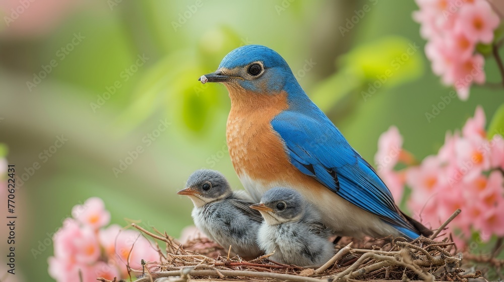   A blue-orange bird sits atop its nest, flanked by two baby birds A pink flower lies nearby
