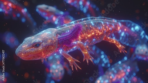   A tight shot of a lizard against a black backdrop, adorned with vibrant lighting upon its body and hind limbs