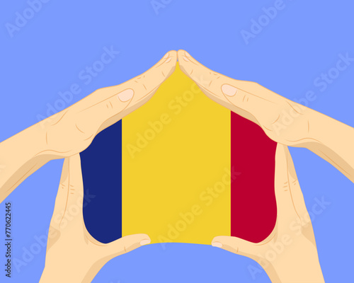 Hand home with Romania flag, residential or investment idea, housing and home concept