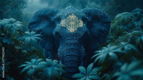  A solitary elephant sports a cross marking its forehead, wandering amidst a lush forest teeming with flora - plants and flowers