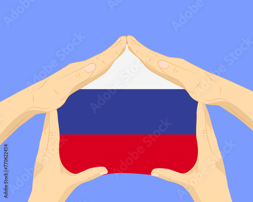 Hand home with Russia flag, residential or investment idea, housing and home concept