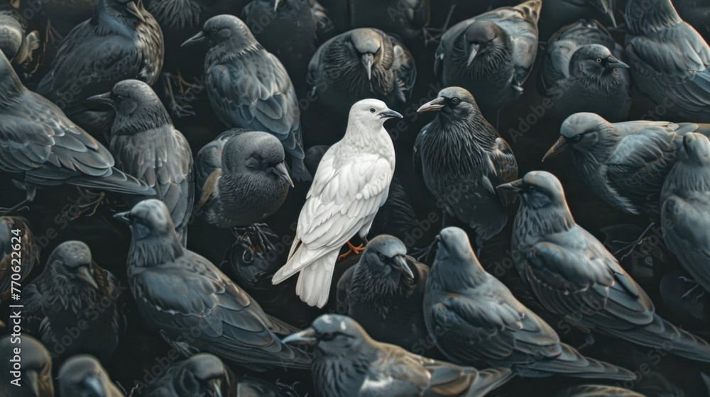Standing out from the crowd , white bird standing between man gray birds, Generative AI illustration - obrazy, fototapety, plakaty 