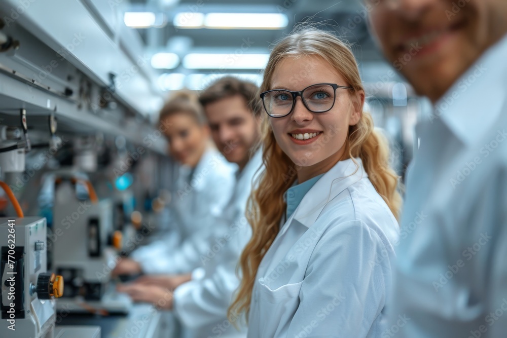 Team of smiling scientists analyzing lithium-ion batteries in high-tech laboratory Team of smiling scientists analyzing lithium-ion batteries in high-tech laboratory
