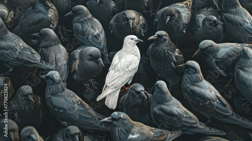 Standing out from the crowd , white bird standing between man gray birds, Generative AI illustration photo