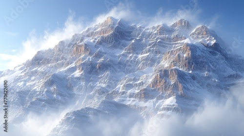   A towering mountain, entirely cloaked in snow, lies beneath a clear blue sky Scattered clouds populate the foreground